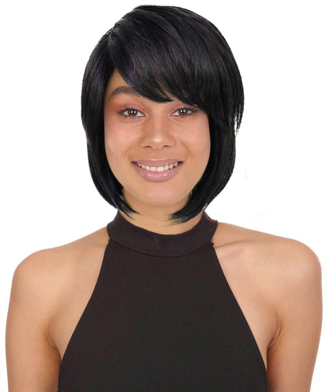 Neshla Human Hair Blend Short Straight Stacked Bob 9 inch Full Wig with Chic Angled Cut with Clean Layer