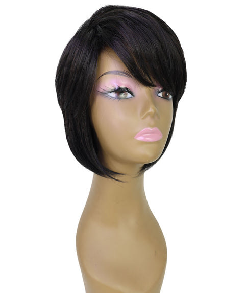 Neshla Human Hair Blend Short Straight Stacked Bob 9 inch Full Wig with Chic Angled Cut with Clean Layer