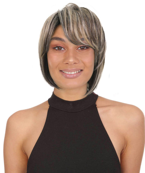Neshla Human Hair Blend Short Straight Stacked Bob 9 inch Full Wig with Chic Angled Cut with Clean Layer