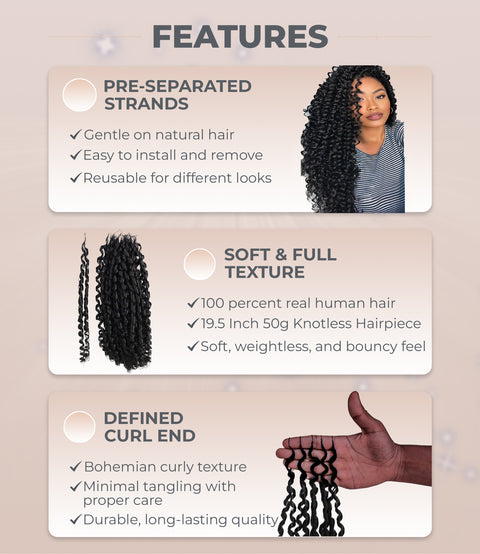 LUXLUXE Knotless Pixie Curly Raw Crochet Natural Human Hair Extensions - 14" 40g 16" 45g & 18" 50g Pre Separated 40 Strands Feather Hairpiece for Women