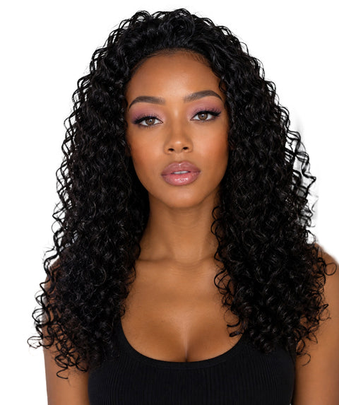LUXLUXE Deep Wave Lace Frontal Half Wig Dark Brown – Curly Textured Hairpiece with Natural Hairline Appearance Heat Resistant Synthetic Fiber