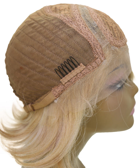 LUXLUXE 9" Champagne Blonde Short Wavy Lace Front Wig – 98g Sleek Bob Hairpiece Heat Resistant Synthetic Fiber
