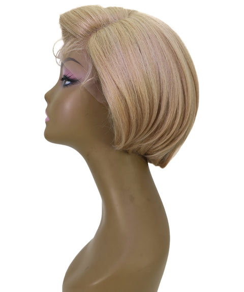 LUXLUXE 9" Champagne Blonde Short Wavy Lace Front Wig – 98g Sleek Bob Hairpiece Heat Resistant Synthetic Fiber
