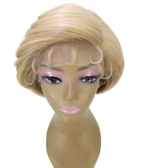 LUXLUXE 9" Champagne Blonde Short Wavy Lace Front Wig – 98g Sleek Bob Hairpiece Heat Resistant Synthetic Fiber