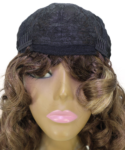 LUXLUXE 14" Long Curly Mocha Balayage Full Wig – Women 240g Voluminous Curl Hair Style Heat Resistant Synthetic Fiber