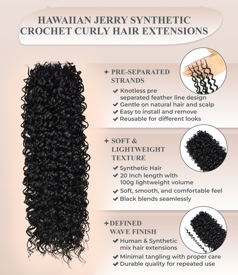 LUXLUXE Hawaiian Jerry Deep Wave Feather Crochet Human & Synthetic Hair Mix Extensions - 20" Curly Braided 100g Hairpiece