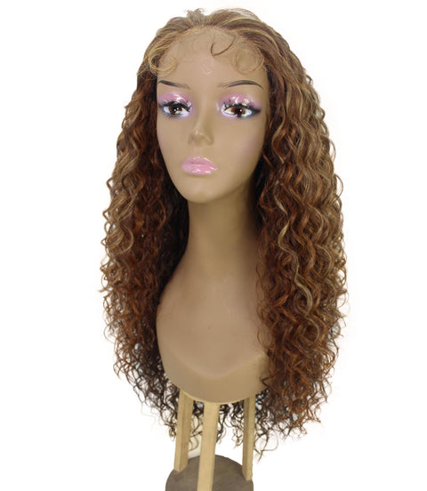Asia Auburn Brown Blend Long Curls Lace Wig