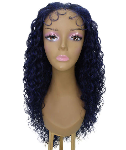 Asia Black with Dark Blue Long Curls Lace Wig