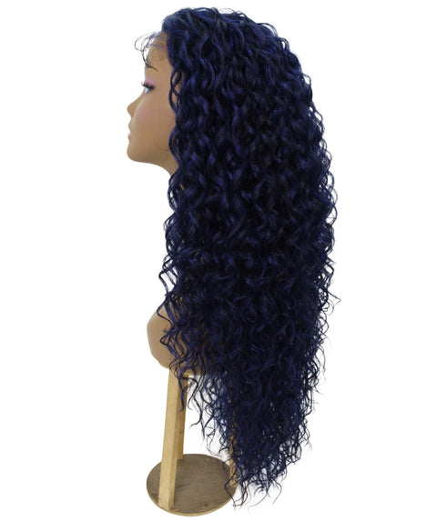 Asia Black with Dark Blue Long Curls Lace Wig