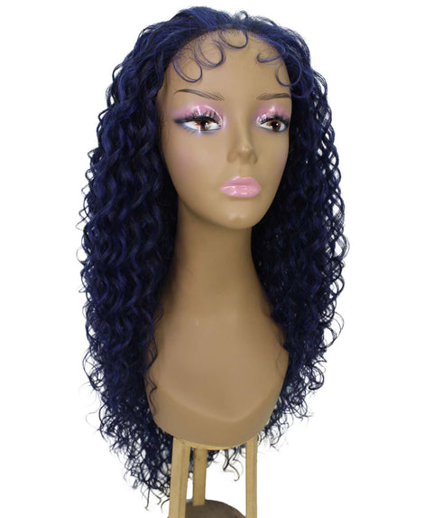 Asia Black with Dark Blue Long Curls Lace Wig