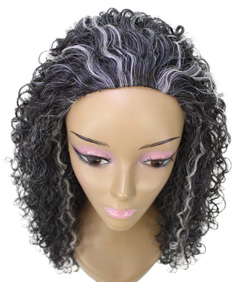 Makayla Dark Charcoal Gray Curls Half Cap Wig